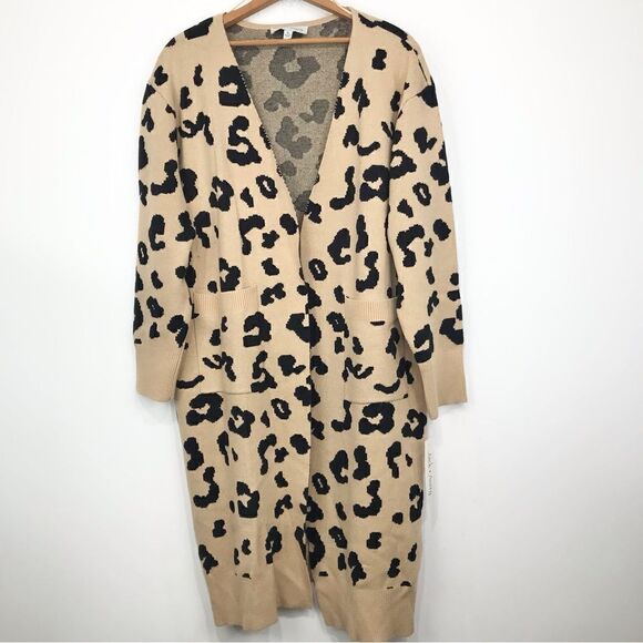 Jack and Avery Tan Cheetah Animal Print Long Open Front Knit Cardigan Sweater - Picture 2 of 15
